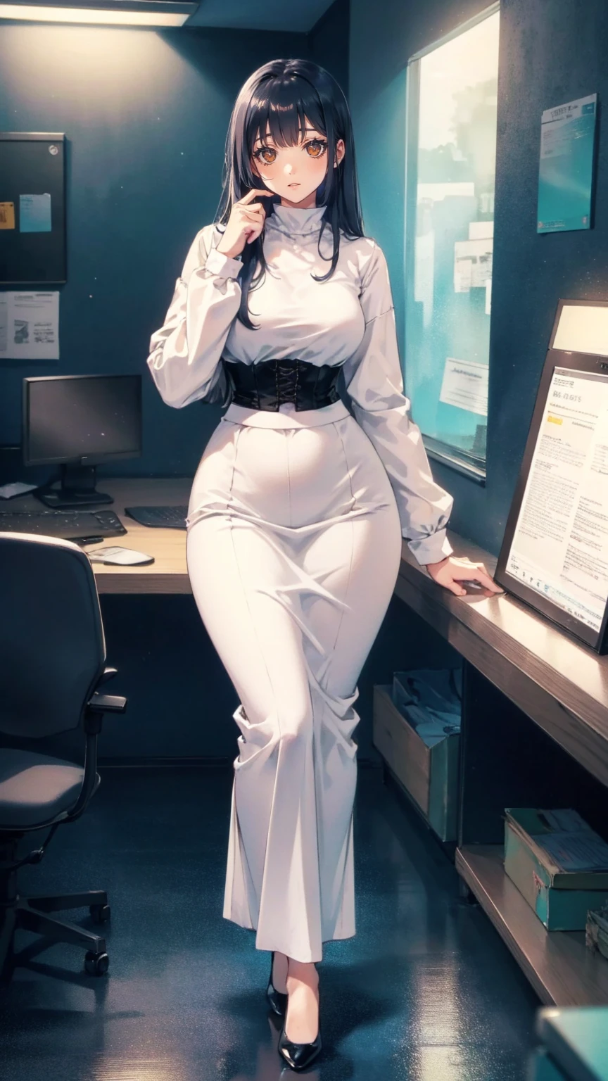 "Office lady sitting at her desk, Height: 163cm, Business chic , Victoria blouse,  slender 63cm waist , Full 93cm Hips, Shapely legs ,  clear fair skin  (RGB: 255, 233, 209),  oval face with soft features ,  almond-shaped eyes  (Light green)  double eyelids in judo uniforms,  straight nose ,  natural pink plump lips  (RGB: 222, 165, 1)  long skirt without opening ,  long black hair , With subtle office-appropriate makeup、Focus on the eyes、Neutral lip color, wearing a crisp white Victoria blouse and a victorin waist corset,  subtile suitable for the office ,  long skirt without opening , Louboutin High Heels,  dark grey victorian long maxi skirt with makeup , whole body, From behind ,  dark aesthetic , A combination of soft natural light and office fluorescent lighting, Adding glamour to a corporate portrait style, Shot with the Sony A1 mirrorless camera, 85mm F/1.4. GM Lens, ISO 200, 1/160 seconds, 50MP resolution, Focus on a professional look that subtly accentuates her curves --ar 2:3 --q 2 --s 850 --v 6.0 --style raw"
