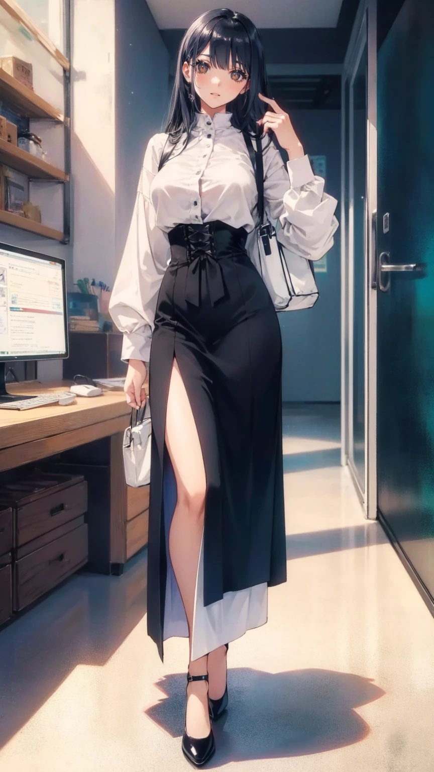 "Office lady sitting at her desk, Height: 163cm, Business chic , Victoria blouse,  slender 63cm waist , Full 93cm Hips, Shapely legs ,  clear fair skin  (RGB: 255, 233, 209),  oval face with soft features ,  almond-shaped eyes  (Light green)  double eyelids in judo uniforms,  straight nose ,  natural pink plump lips  (RGB: 222, 165, 1)  long skirt without opening ,  long black hair , With subtle office-appropriate makeup、Focus on the eyes、Neutral lip color, wearing a crisp white Victoria blouse and a victorin waist corset,  subtile suitable for the office ,  long skirt without opening , Louboutin High Heels,  dark grey victorian long maxi skirt with makeup , whole body, From behind ,  dark aesthetic , A combination of soft natural light and office fluorescent lighting, Adding glamour to a corporate portrait style, Shot with the Sony A1 mirrorless camera, 85mm F/1.4. GM Lens, ISO 200, 1/160 seconds, 50MP resolution, Focus on a professional look that subtly accentuates her curves --ar 2:3 --q 2 --s 850 --v 6.0 --style raw"
