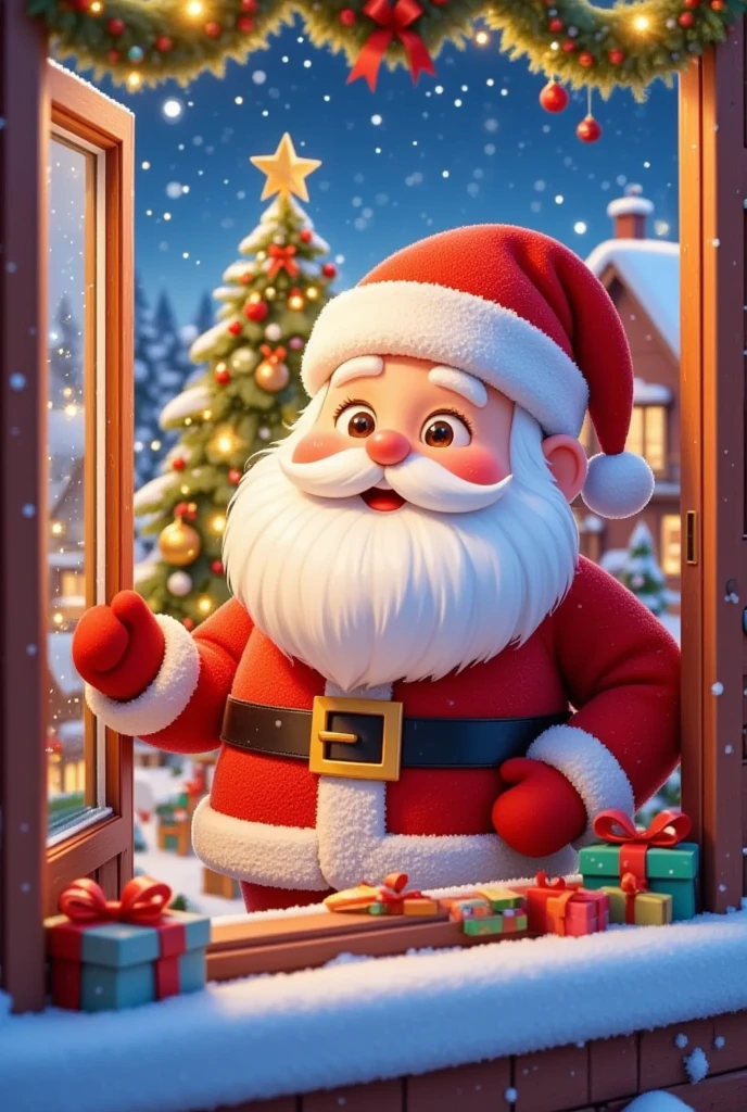 a christmas eve scene, santa claus standing outside the window, presents, cozy atmosphere, christmas tree, snow, warm lighting, holiday season, festive decorations, intricate details, photorealistic, 8k, highly detailed, dramatic lighting, whimsical, magical, nostalgic, atmospheric, cinematic