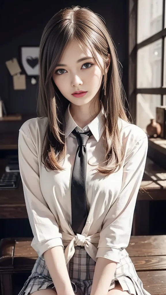 (cowboy shot), from front, looking at viewer, nsfw, 
(((Sitting at the writing desk, she writes a heartfelt letter:1.2))), 
1 woman, slender, shiny skin, happy smile, 
long hair, 
(School uniform), (White shirt), (Beige cardigan tie at waist), ((Clevis, unbuttoned)), (Checked pleated mini skirt), 
shiny pink cheeks, glossy pink lips, pink eyeshadow, Dark eyeliner, Dark mascara, 
Blurred Background, Fantastic, Epic Scale, 
(best quality), (high quality), (masterpiece), (4k, 8k, raw photo), (Highly Detailed Face and Skin Texture), 
(Very elegant and beautiful, Perfect detail, Super detailed), Beautifully detailed whole body, Depth of written boundary, 
