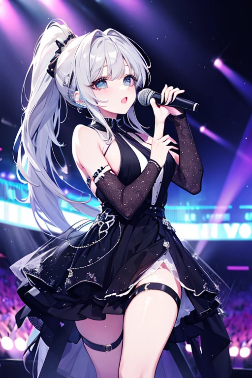 Illustration, cinematic light, high resolution, best quality, ultra detailed, detailed face, (detailed eyes), highest quality, super detailed, masterpiece, (detailed face), pretty face, best smile, sexy mature woman transparent (white and red goth costume: 1.5), ultra detailed embroidery, cloth, choker, open cloth, NSFW, high heels, blue eyes, neon small shiny hair ends, D cup, cleavage, AI fantasy concert, shining lighting with neon details, idol, (live stage: 1.15), (holding the microphone with left hand singing: 15), singing with butt sticking out: 5, (in the crowded audience in the background), light reflection, heart-shaped iris, playful eyes, open shoulders, (wet body), small glowing butterfly, hair jewelry, panties, cute string panties with ribbon: 1.5