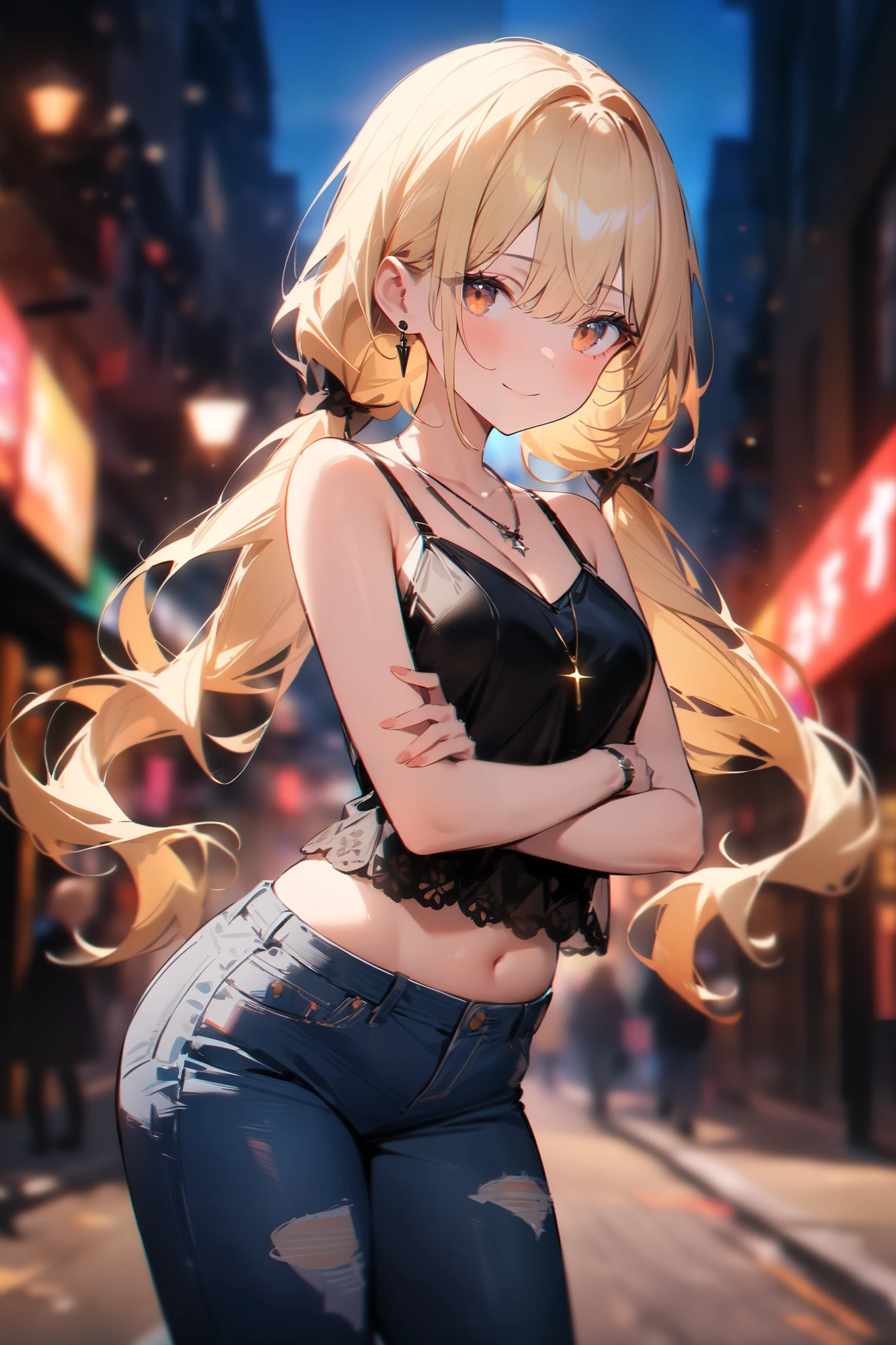 Browsing Caution,(Highest quality, 8k, masterpiece:1.3,beautiful girl), (Very detailed)Glowing Skin,(((Long Hair,blonde,Beautiful Hair))),(Perfect Anatomy, Anatomically correct, Very detailed肌),((Golden Eyes)),((Perfect Fingers,Five Fingers)), Baby Face, Mole under the eye, ((White tube top, Navy blue denim shorts with distressed details、Platform boots), Fancy earrings、Gold bracelet、Double teeth,Big Breasts,Big Ass,Anxious face、night、Port town、front、concentrated、Arms crossed in front of you,Black gal