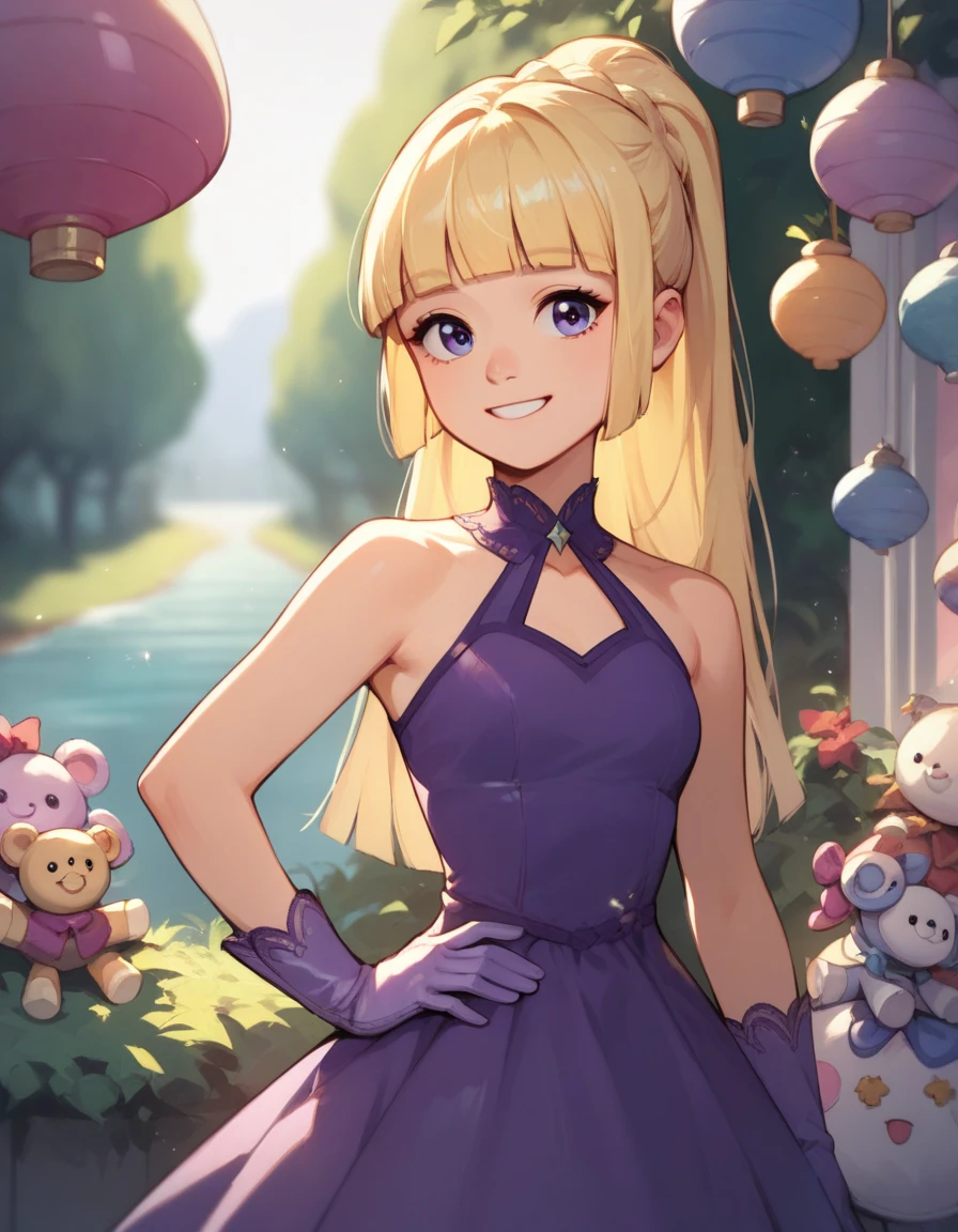  peaceful,  a girl, Alone, Blonde hair, gloves, joy, toys, dress,  long hair, purple dress, fringe,purple gloves, blunt fringe, hand on hip, smile, looking at the viewer ,  ponytail 