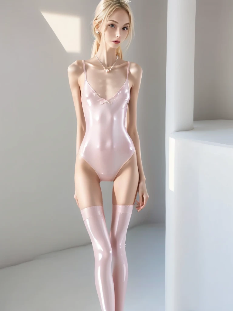    (1 girl), (long hair), (realistic), (very small breasts), (pink leotard), (shiny leotard), (bodysuit), shiny bodysuit, (one piece leotard), (perfect lighting),
 perfect face, (beautiful face),  
  rhytmic gymnast girl,  (age 18) , (very slim anorexic slender skinny body:1.4); skinny,thin thighs, tall (160cm) ,(flat chested), (tiny breast), 
(Extra small breast) skinny anorexic ballet model, ballet model, (shiny tight white latex extreme high cut one piece swimsuit), 
(one piece swimsuit)  ( ponytail hair, blonde), blonde hair , 
very slim, (small breasts), blonde hair, (blonde hair), wearing white socks, white stockings. very long legs, stockings long, up to thight, very long stockings.
Standing, streching. View from front
 
BRAKE,  (terracotta color background), (soft diffuse light), 
 BRAKE, (pastel pink:1.2), (white lace details:1.3), (satin:1.4), (tulle:0.9), (glossy texture:1.5), (anorexic: 0.5), 
 (tight fit:1.9), (heart cutout bustline:1.3), (high-waisted:1.2), (slim silhouette:1.1),
 (ribbon accents:1.3), (frills:1.2), (nude high heels:1.3), (pearl necklace:1.2), (pearl earrings:1.2), BRAKE
 (perfect face) 
   BRAKE girl is standing on the floor.  full body view.