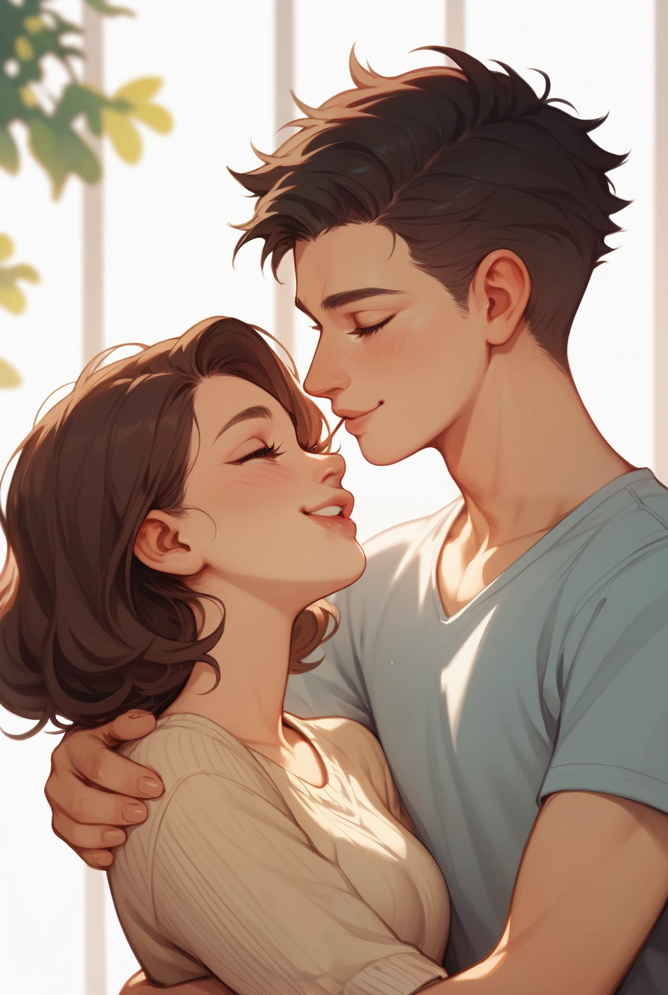 An anime-style illustration of a cute couple sharing romantic and playful moments. The girl has short brown hair and wears a beige sweater, while the boy has messy black hair and wears a casual gray T-shirt. The image is split into four panels, showing different interactions: a kiss on the cheek, the girl pinching the boy’s cheek, smiling together playfully, and finally a gentle kiss on the lips. The background is soft pink, emphasizing a warm and loving atmosphere.