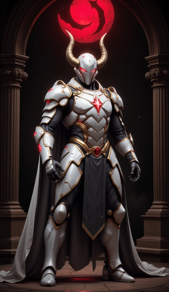  is possessed by a demon, a holy knight commander.一個成年男性的Full body image. muscular body .Wear white gold holy knight armor. Eyes Deep Red . standing inside a mysterious black and red church.Bold composition .Full body image