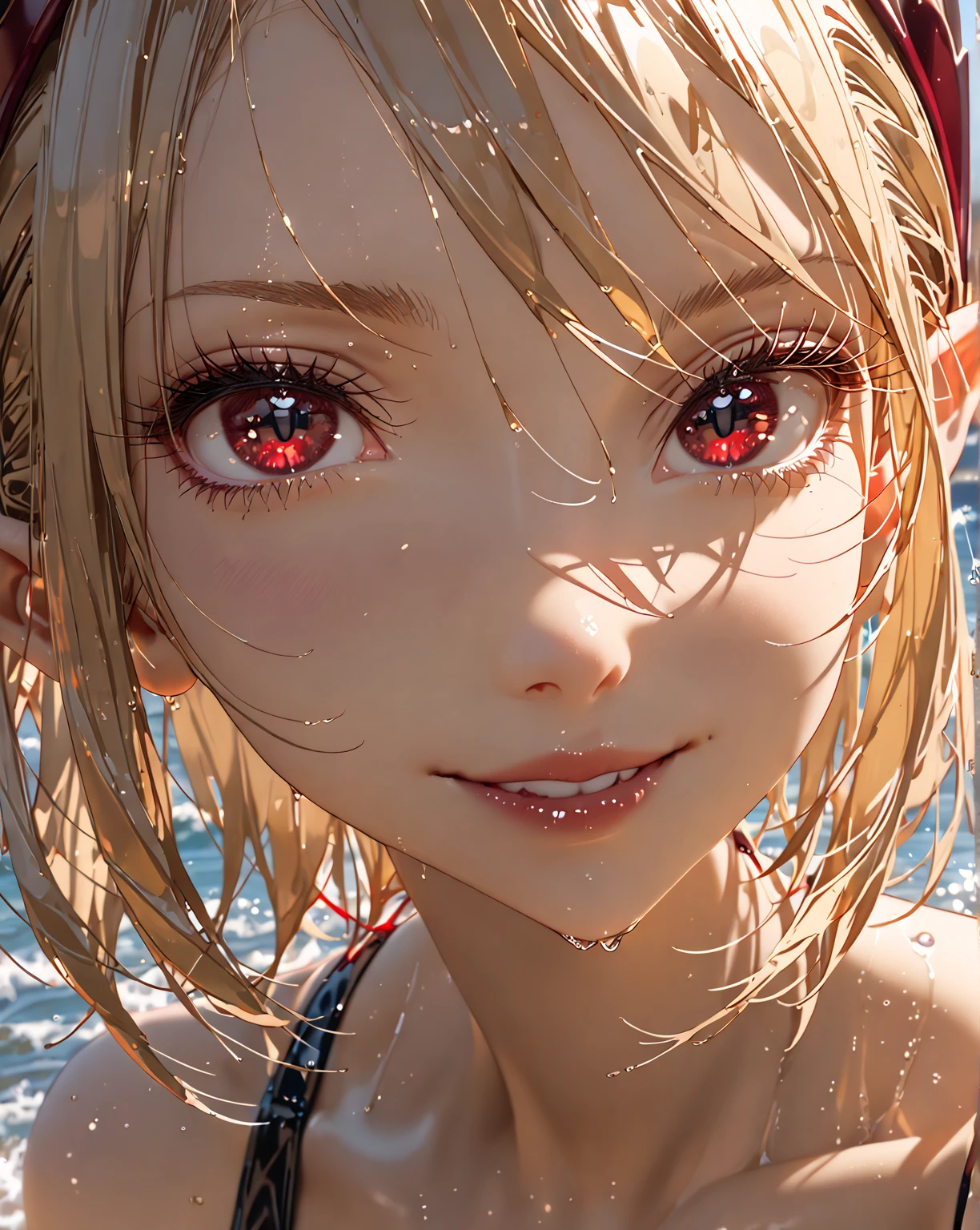 ultra-detailed, full-length, 1girl:1.4, solo, elf, elf ears, (beautiful face), portrait:1.43, (focusing on face), detailed eyes, (Ideal body proportions), ((Composition from head to thigh)), black bikini suit, Drenched shortcut blond hair, (scarlet clear red eyes, tsurime), The erection, Carmelto, Sexy body, grin smile, short-hair, blond hair with burgundy tips of hair, burgundy ends of hair, shiny skin, oiled skin, slenderness, Small buttocks, Beautiful legs, Skinny Legs, One-person viewpoint, masterpiece, ((Anatomically correct)), (portrait:1.4), (((close-up))), (focusing on eyes)