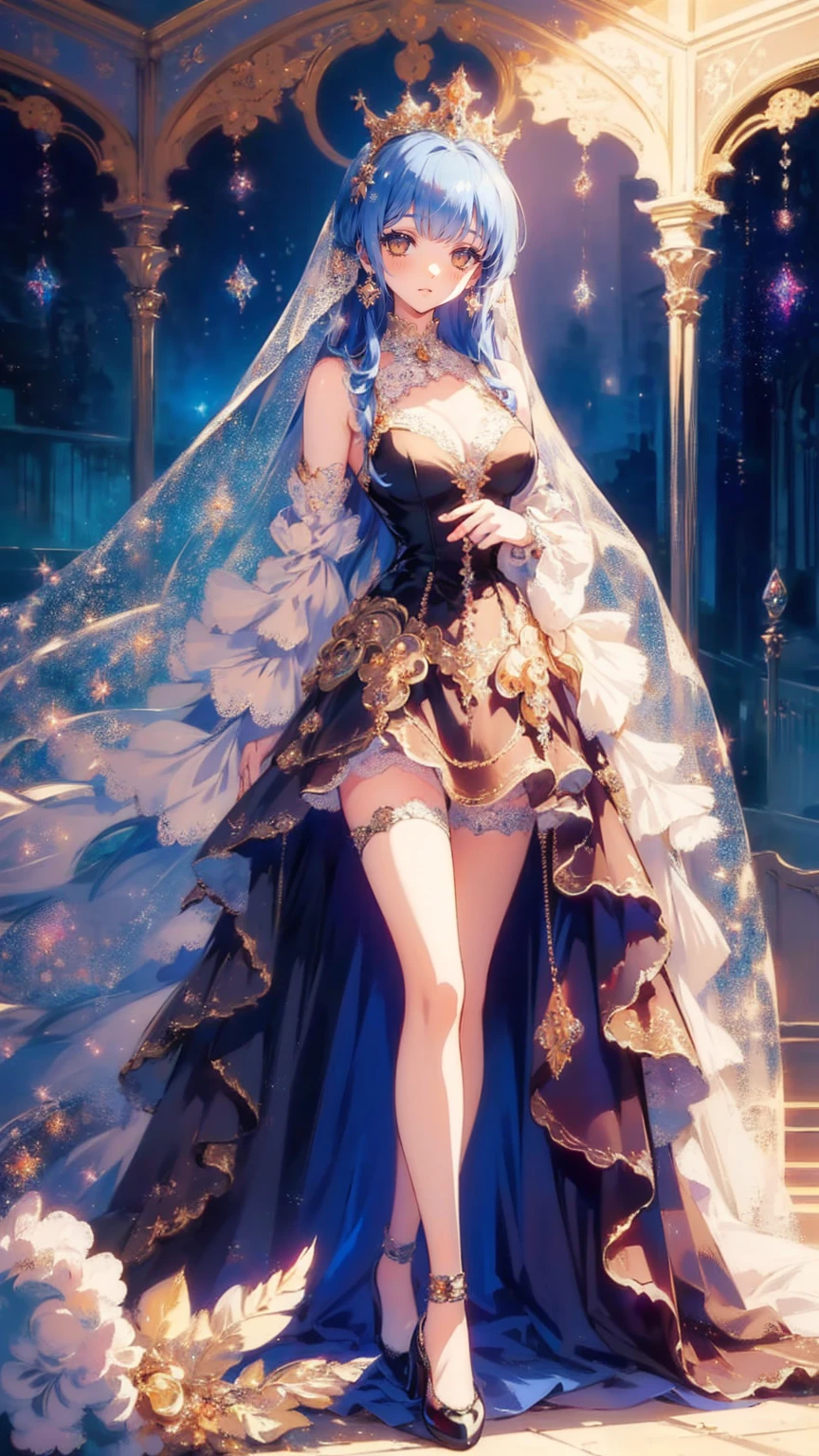 (  more), ( top quality), (   high definition  ),   1 girl, (((1 princess in  Gorgeous Princess Rococo Victorian Gown with Voluminous Hoop Skirt  ))),   Very Rococo Royal Princess Dress 、 with beautiful embroidery and very rococo jewelry   , Gorgeous embroidery and beautiful lace,   sheer lace  ,  Big Breasts,   moreな肌, (((   Solo Youngface Princess Standing in the Palace   ))),  Luxurious Ruffle Gown    ,  Blake's Fluffy and Sparkling Hair  , ((  super voluminous long hair  )), Curly Hair, (((   spread my legs with an asymmetrical bang ))), Beautiful jeweled tiara,   crystal earrings ,    beautiful eyes  , Faint lips,  Delicate beautiful face like a whore,   detailed faces and eyes , Long veil, (((  anatomically accurate hands))),  SKINNING  ,  Blake Stands at Blake Palace   , Front View,    viewers ,   full body portrait , (  is written by),   caustics ,   cinematic lighting , (  Moe anime art style  :1.3), (  beautiful background), (( Gorgeous Princess Rococo Victorian Gown with Voluminous Hoop Skirt  )),
