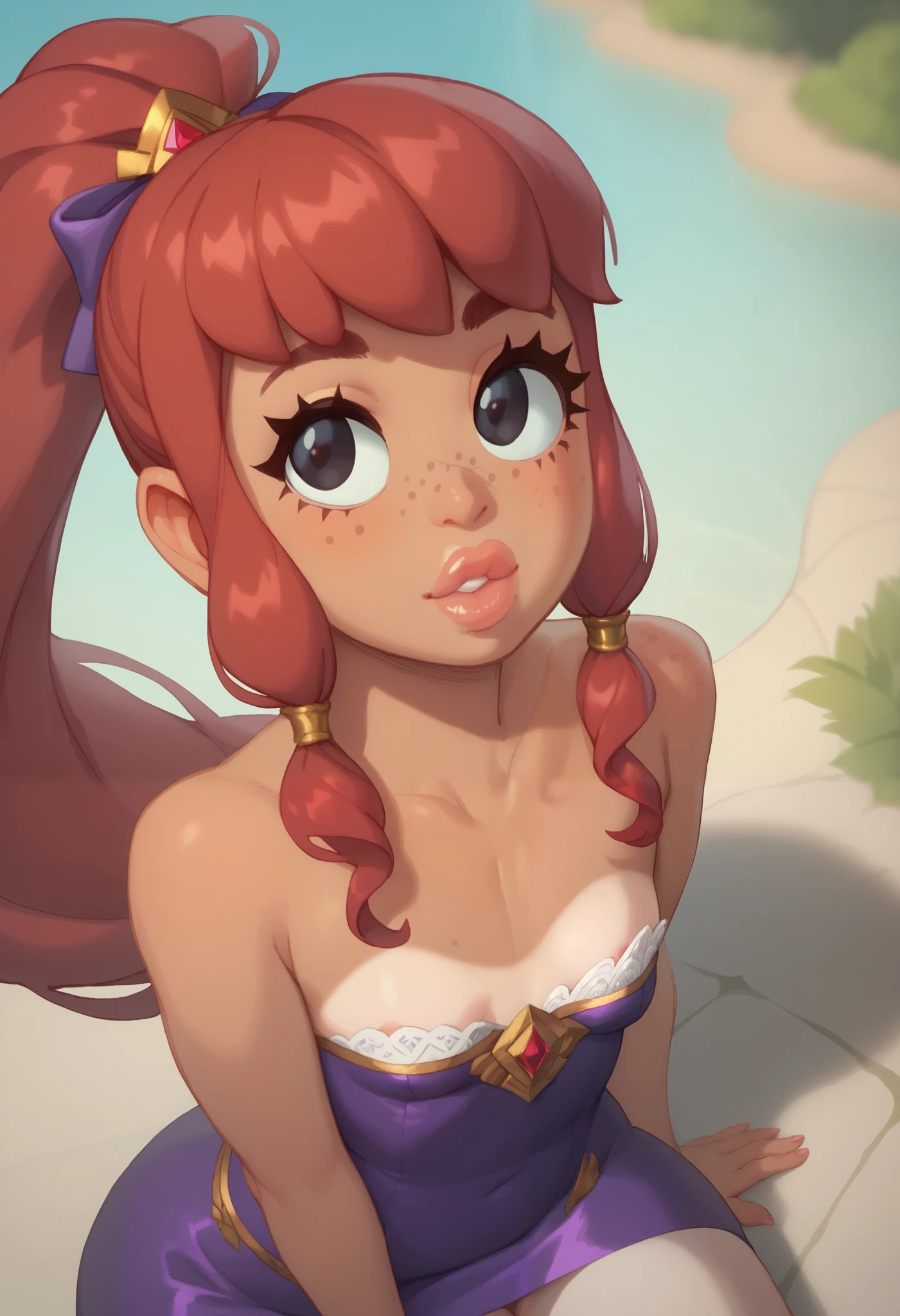 One white girl, beautiful face, detailed face, young girl, soft skin, big eyes, beautiful lips, freckles, round face, long ponytail, white skin, tanned skin, red hair, dark black eyes, small breasts, looking aside, strapless neckline, short sequins violet dress shortskirt