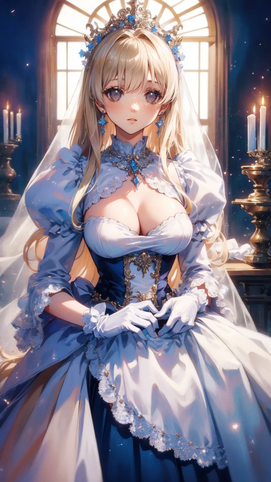 a stunningly beautiful blonde fairytale Princess shining and Royal Pomp and Regal Splendor, wearing a Stately and (((Elaborate))) Royal Cinderella Wedding Dress of Silver and White Brocade, and (((Large puff sleeves ))) a stiffly boned, padded and corseted bodice, an hourglass waist, a (((  Huge Crinoline Tab Skirt ))) and (((The hustle and bustle))), adorned and ribbons, bow,  Rose, lace, Raffle, frills, embroidery, and jewels, elaborately curled and styled hair, Long white gloves, pearl and diamond necklace and earrings
