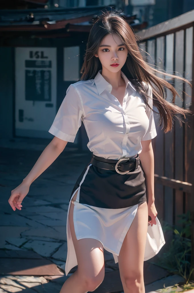 1 woman Thai university uniform:1.4, gorgeous face, black long straight messy hair, black tight slit mini skirt, slim and perfect figure, medium breasts, emphasize on breasts and hip and rhigh and bottoms, rule of thirds, extremely white undersize short-sleeve button up shirt, brown suede belt, white sneakers, silver plain rectangle plate belt buckle, silver shirt buttons, dynamic compositions, slender, beautiful eyes, galloping very fast, in the colorful eden, beautiful blue sky, best quality, high resolution, 32k, masterpiece, cinematic lighting, motion blur, full body shot, light and shadow