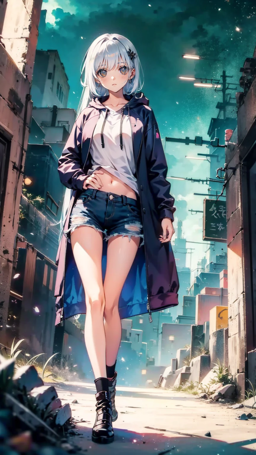    WOMAN WITH LONG HAIR AND OVERWEAR STANDING ON THE STREET ,   Cyberpunk Anime Girl Hoodie Wearing ,   city girl fan art  ,  torn clothes,   anime style , 美しい   frame position   ワーク, Style Ross Tran  ,   Bray Shorts Streetwear  ,    frame position   . @mariomaniacdude,   realistic anime 3d style  ,   Vibrant Ross Draw Cartoons standing to the left of their angle of view  ,    belly button exposed   ,   anime atmosphere  