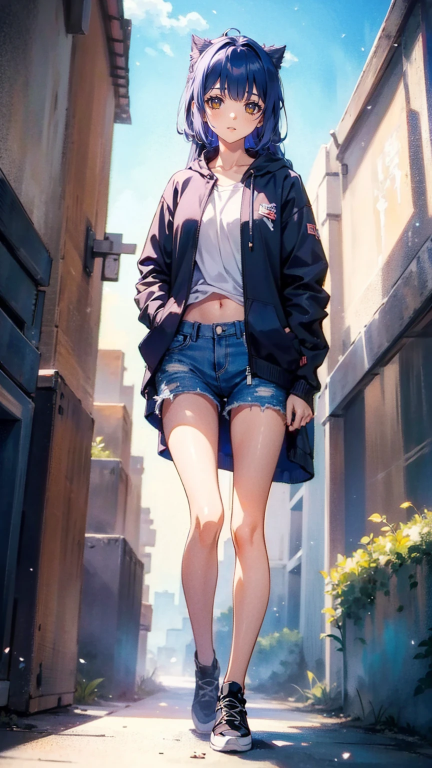    WOMAN WITH LONG HAIR AND OVERWEAR STANDING ON THE STREET ,   Cyberpunk Anime Girl Hoodie Wearing ,   city girl fan art  ,  torn clothes,   anime style , 美しい   frame position   ワーク, Style Ross Tran  ,   Bray Shorts Streetwear  ,    frame position   . @mariomaniacdude,   realistic anime 3d style  ,   Vibrant Ross Draw Cartoons standing to the left of their angle of view  ,    belly button exposed   ,   anime atmosphere  