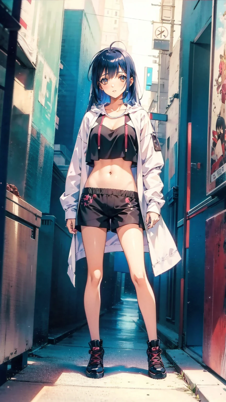    WOMAN WITH LONG HAIR AND OVERWEAR STANDING ON THE STREET ,   Cyberpunk Anime Girl Hoodie Wearing ,   city girl fan art  ,  torn clothes,   anime style , 美しい   frame position   ワーク, Style Ross Tran  ,   Bray Shorts Streetwear  ,    frame position   . @mariomaniacdude,   realistic anime 3d style  ,   Vibrant Ross Draw Cartoons standing to the left of their angle of view  ,    belly button exposed   ,   anime atmosphere  