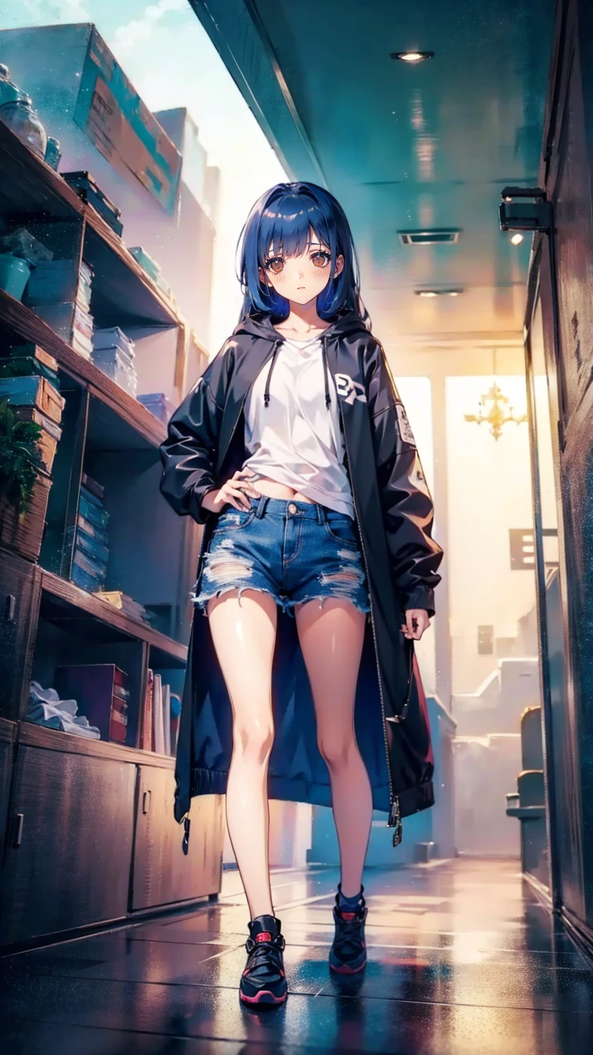    WOMAN WITH LONG HAIR AND OVERWEAR STANDING ON THE STREET ,   Cyberpunk Anime Girl Hoodie Wearing ,   city girl fan art  ,  torn clothes,   anime style , 美しい   frame position   ワーク, Style Ross Tran  ,   Bray Shorts Streetwear  ,    frame position   . @mariomaniacdude,   realistic anime 3d style  ,   Vibrant Ross Draw Cartoons standing to the left of their angle of view  ,    belly button exposed   ,   anime atmosphere  