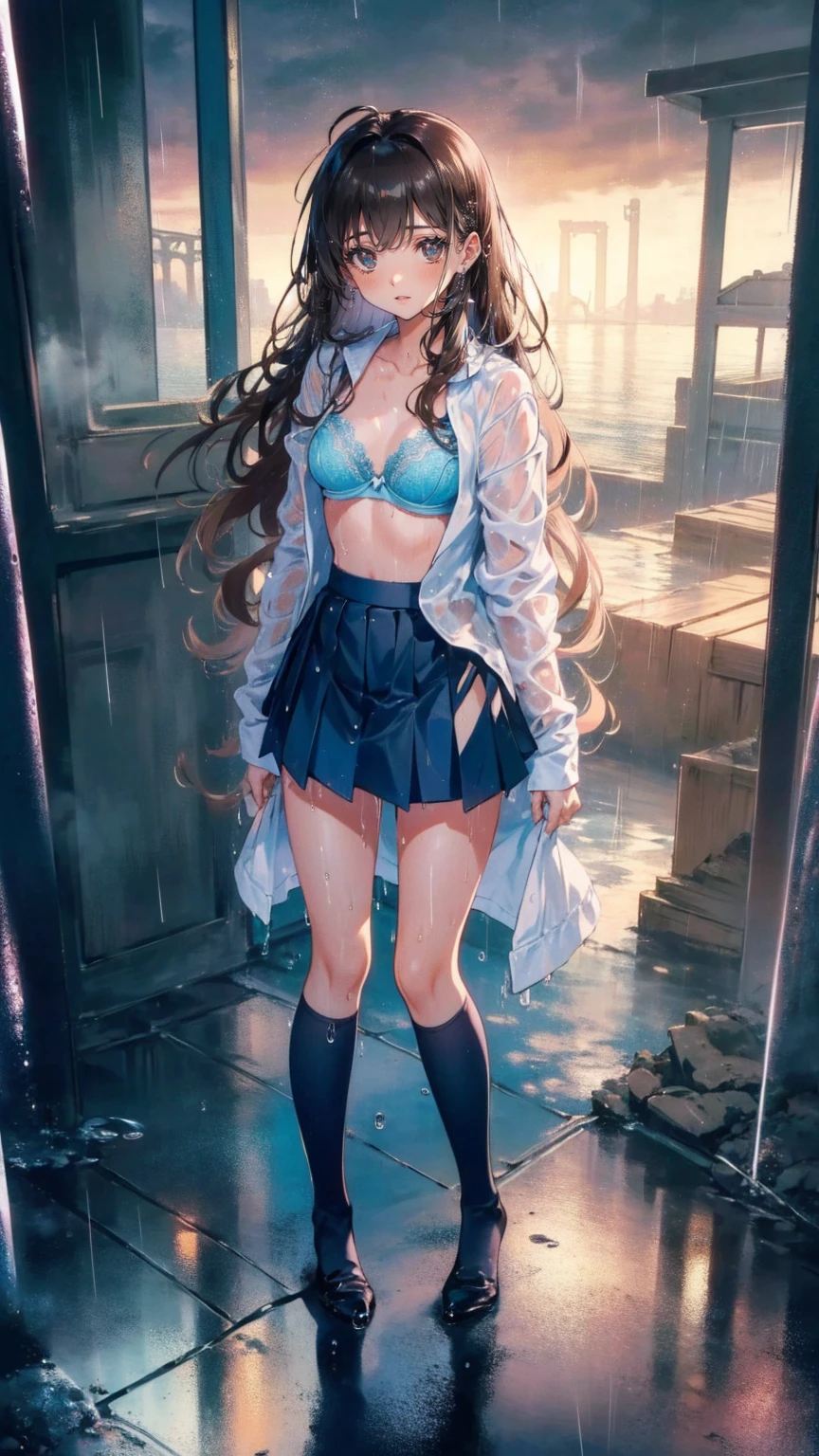 (rain:1.3),Under the elevated,  girl,  university student ,  wet body,(  wet hair :1.5),Wet Face, Brown Hair, long hair,Rolling Waves,  small breasts, wet long sleeve shirt,  pink lace bra ,break,  PLEATED MINI SKIRT  ,break, Dark blue socks ,,  troubled face,,rain宿り,knees