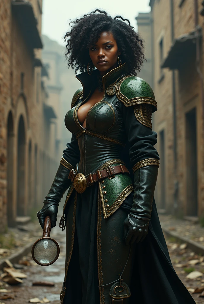 best quality ,4K,8k, highres icon, masterpiece :1.2, Ultra-detailed,realistic,photorealistic,photo-realistic:1.37,HDR,Ultra HD, studio lighting ,ultra-fine painting. A black medieval detective with voluminous frizzy hair investigating a crime scene, wearing black leather armor with green and gold details , decorated she wears a green cover with gold details, she has , She uses a magnifying glass on her hands , black skin, Just Warrior , strong and powerful detective , she's investigating an ancient city , a champion of justice , tenth century investigator , medieval terrain , preparing to bring criminals to justice