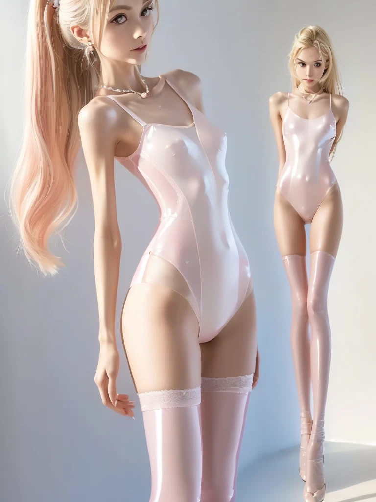    (1 girl), (long hair), (realistic), (very small breasts), (pink leotard), (shiny leotard), (bodysuit), shiny bodysuit, (one piece leotard), (perfect lighting),
 perfect face, (beautiful face),  
  rhytmic gymnast girl,  (age 18) , (very slim anorexic slender skinny body:1.4); skinny,thin thighs, tall (160cm) ,(flat chested), (tiny breast), 
(Extra small breast) skinny anorexic ballet model, ballet model, (shiny tight white latex extreme high cut one piece swimsuit), 
(one piece swimsuit)  ( ponytail hair, blonde), blonde hair , 
very slim, (small breasts), blonde hair, (blonde hair), wearing white socks, white stockings. very long legs, stockings long, up to thight, very long stockings.
Standing, streching. View from front
 
BRAKE,  (terracotta color background), (soft diffuse light), 
 BRAKE, (pastel pink:1.2), (white lace details:1.3), (satin:1.4), (tulle:0.9), (glossy texture:1.5), (anorexic: 0.5), 
 (tight fit:1.9), (heart cutout bustline:1.3), (high-waisted:1.2), (slim silhouette:1.1),
 (ribbon accents:1.3), (frills:1.2), (nude high heels:1.3), (pearl necklace:1.2), (pearl earrings:1.2), BRAKE
 (perfect face) 
   BRAKE girl is standing on the floor.  full body view.