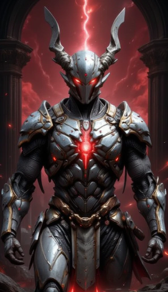  is possessed by a demon, a holy knight commander.一個成年男性的Full body image. muscular body .Wear white gold holy knight armor. Eyes Deep Red . standing inside a mysterious black and red church.Bold composition .Full body image