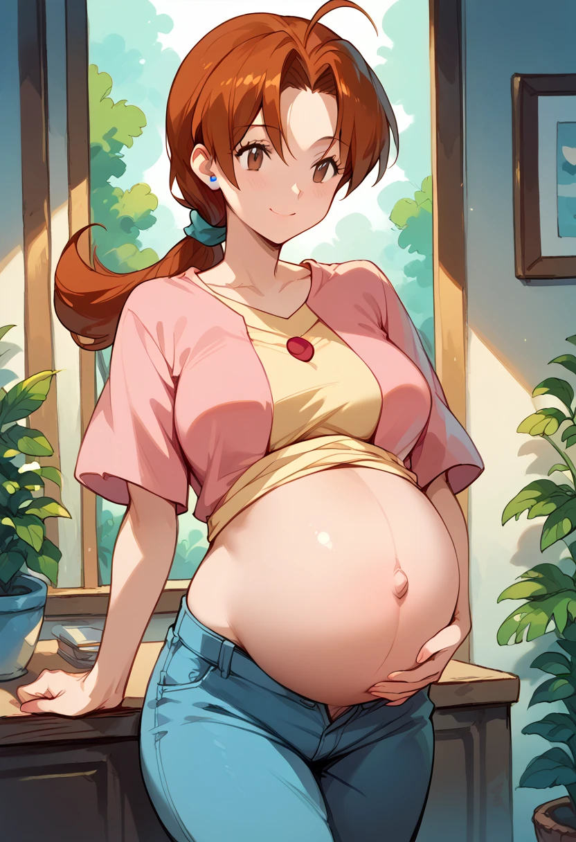 masterpiece, high definition , top quality,8k
(Delia Ketchum,mature woman,Brown Hair, Brown Eyes )(Pregnant belly)(smile,Hold your stomach)