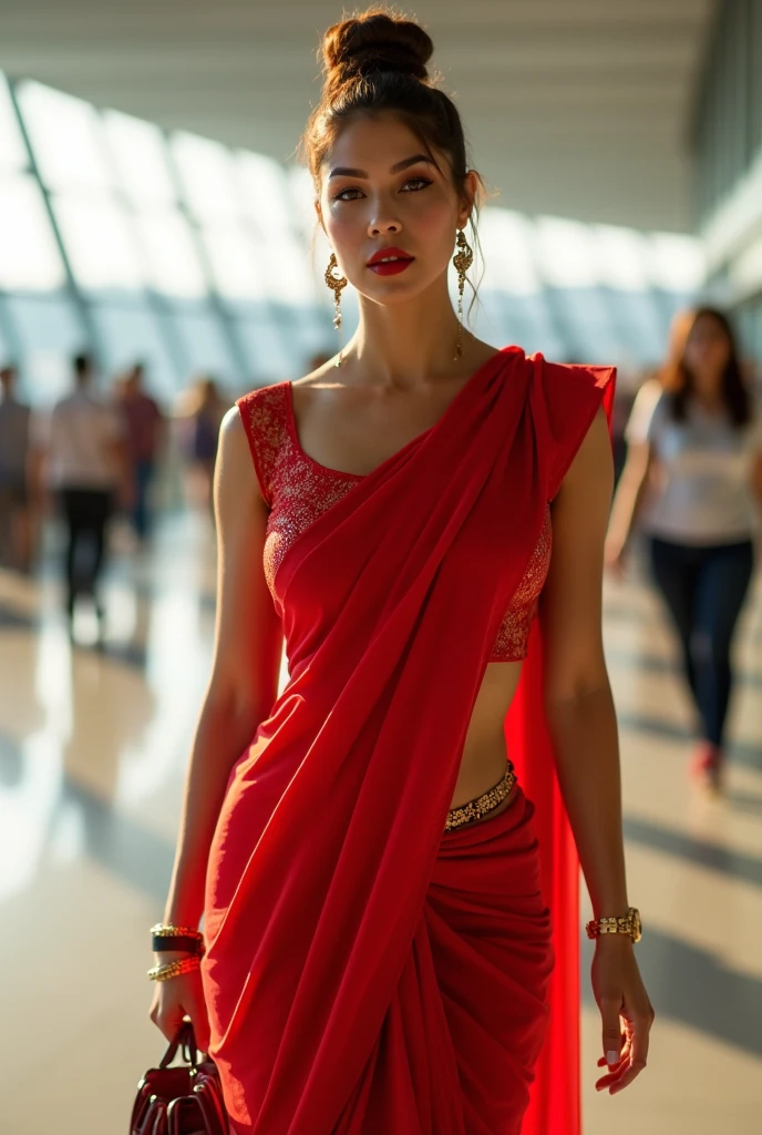 Red saree and red sleeveless blouse, busty body, brownish hair bun, fit and busty woman, showing navel visible in saree, sexy navel, walking in airport, bright sunny day, sunrays penetrating, airport back ground, carrying hand bag in right hand, gold watch, bindi in forehead, earrings, sexy makeup, navel exposed in saree, tight body, curvy body, red lips, attractive woman, 8k details