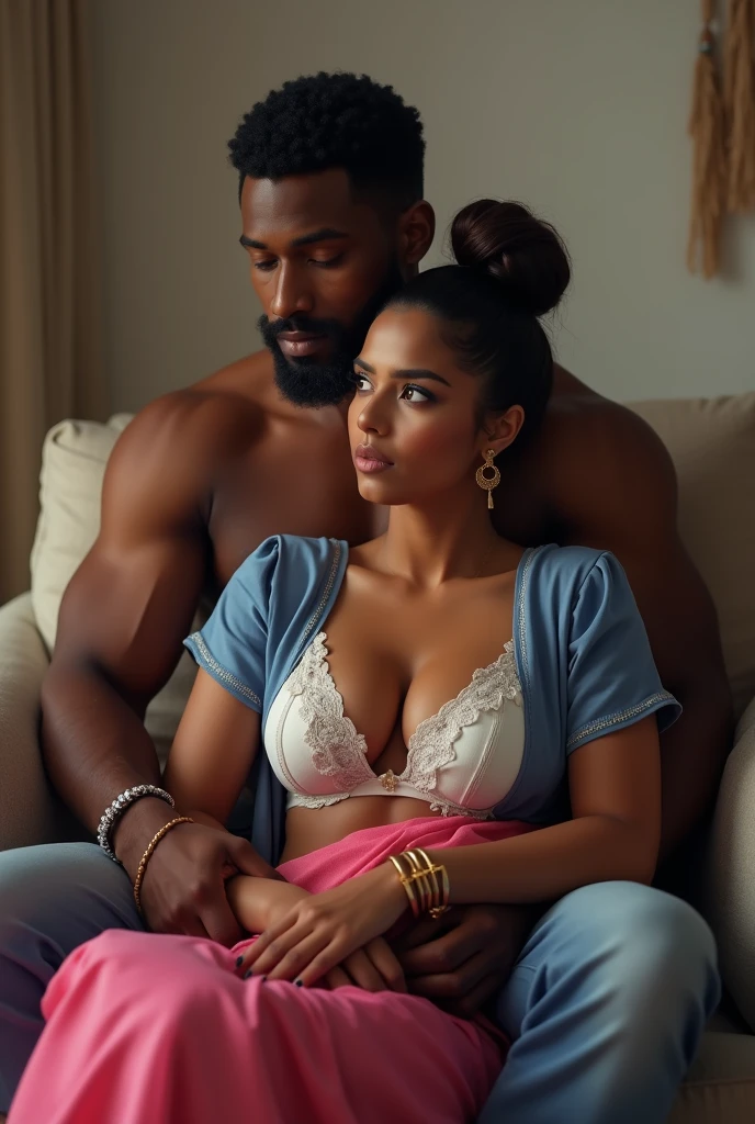 a beautiful white girl in lingerie, black hair, doing yoga, curvy body, inside a room, and an African black fat old man trying to hug her, 8k, realistic, beautiful girl, beautiful body