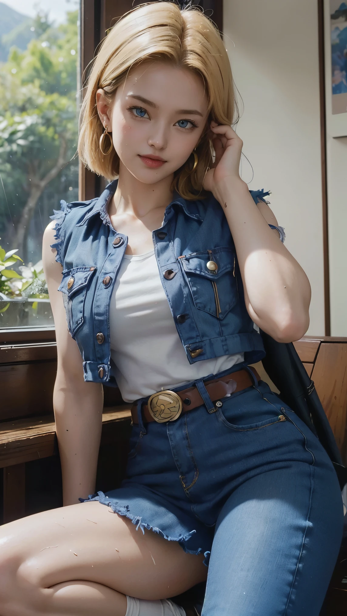 Android 18 da dragon ball,(best qualityer,4K,8k,high resolution,work of art:1.2)(weather: raining), Mondstadt forest background, forest road, short sleeve white top, cropped black open vest, triangle badge, belt, waist pocket watch, denim leggings, orange tabi socks, black shoes, loop earrings, cheek mole, short straight hair, short blonde hair, ultra detailed, realistic, portrait,beautiful detailed sapphire blue eyes, glowing eyes,blush,beautiful detailed lips,extremely detailed eye and face, long eyelashes,sexy,average, large breasts,beaming smile, flirty smile, powerful girl, sexy pose, stunning curves, bright coloured, dramatic lighting, forest ruins, wet clothes,