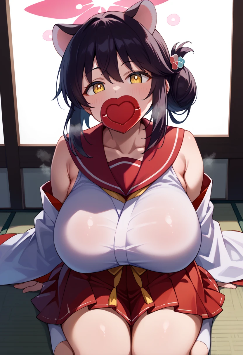 score_9_up, score_8_up,score_7_up,HD, (  Ultra HD Quality Details ), top quality,masterpiece, source_ Anime Bakkaede Looking Up at Viewers ,  black hair, halo,  animal ears ,  Single Side Pan ,  ,  Big Breasts,Leather Fang,Kaedef , red sailor collar , White Kimono ,  sleeveless kimono , flower, heart,  sleeves are detachable,   wide sleeve over mouth,   Hakama Short Skirt ,  hakama skirt,  Red Skirt ,  White Thigh High Socks ,looking up at viewer,, from the above ratings  :safe、 zzz c up , Exploding Chest,特大の Big Breasts,Big Breasts, Big Breasts,超Big Breasts, supermilk ,big Breasts,big Breasts,Big Breasts,Big big breasts,bigger breasts,big,セクシーな大きなシリコンの Big Breasts,セクシーなビッグサイズのシリコン製Big Breasts, Saggy breasts,((垂れ下がった Big Breasts)),((重く垂れた Big Breasts:1.5))、Obscene body,Fat ,,  Erotic Manga Style Body  、  mature body steam 、 Sir's huge  、 Sir's huge  、  overly exaggerated  、 extra large、 over covered ,  hidden chest erections  、  abs