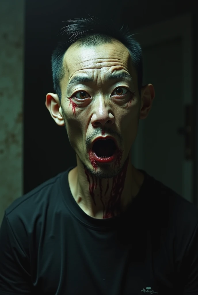 a close up of a person with blood on their mouse, a disembodied head screaming, yanjun chengt, brutal joyful face expression, head exploding, north korean slasher, clean brutal blooded face, bloody face, david choe, blood dripping down the head, kim jung giu, insane face, kim jung gi, hyper realism scary, ruan jian