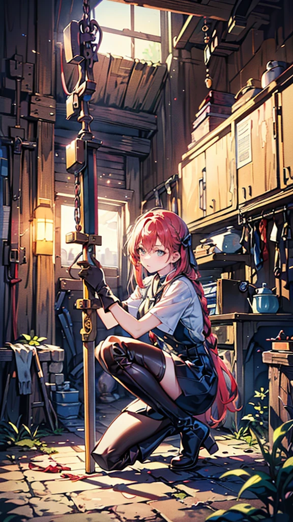 (Blacksmith girl student, Teenage Girl,  soft lips ,  Glowing Skin ,  braid hair,  Мягкая кожа:1.25, hair ribbon,  concentrated expression , long gloves:1.25,Swing the hammer high,I have a hammer in my hand ,Staring at the sword,she:1.25,Get down on one knee, squat、  leather long boots ),(8k,  top quality, masterpiece:1.2, Masterpiece Highly detailed,  very detailed with crimson hair),  bright color,  Line Art,Dancing flames,The stone shines like the sun