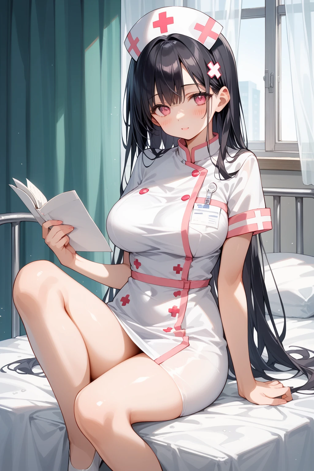 zPDXL, zPDXL2, zPDXL3, source_anime, highest quality, BREAK 1 girl, 28 years old, sexy, (curvy), detailed eyes, (half up hair), black hair, large breasts, , (pink eyes), long legs, nurse uniform, (seduce:1.4), BREAK (hospital, bedroom)