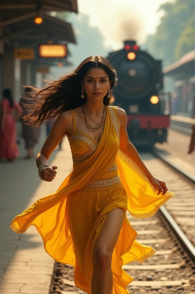 An Indian beautiful figure woman standing in front, fair complexion, hair flying, churidar down, modern dress,deep cleavage full body woman, digital art, comic art style, hyper realistic, cinematic