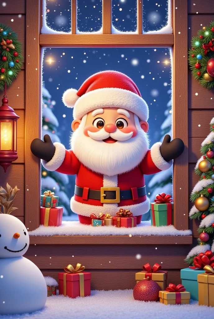 a christmas eve scene, santa claus standing outside the window, presents, cozy atmosphere, christmas tree, snow, warm lighting, holiday season, festive decorations, intricate details, photorealistic, sleeping kid，8k, highly detailed, dramatic lighting, whimsical, magical, nostalgic, atmospheric, cinematic