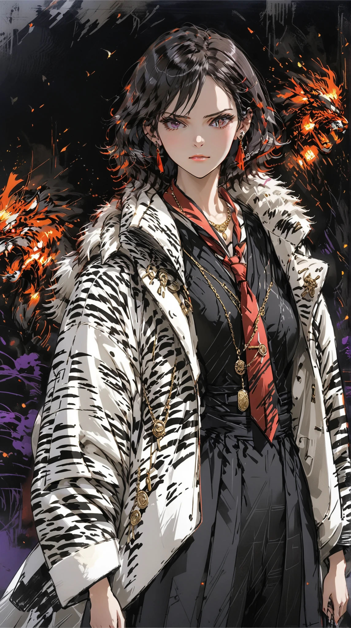 score_9, score_8_up, score_7_up, score_6_up, masterpiece, best quality, intricate details, 1girl, skinny, tall, curly bob cut hair \(white highlight, zigzag pattern\), earrings, old, mature, large fur coat \(fluffy, zebra pattern\), vest, red necktie, long slack pants, full body, standing, angry stare, one glowing red eye, one dark brown eye, skull necklace, low angle, purple fire, dark environment, purple light