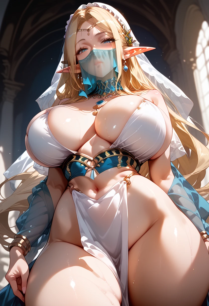 masterpiece, high definition , top quality,8k
(mature ELF,Curvy body,huge breasts)
(blonde hair,straight hair,parted bang,blue eyes,half closed eyes)
((White mouth veil,White loincloth,White exposure on the chest))(Squat,From below,Hands on thighs)