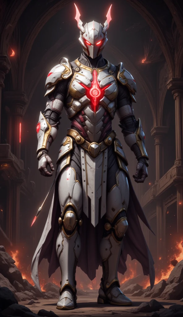  is possessed by a demon, a holy knight commander.一個成年男性的Full body image. muscular body .Wear white gold holy knight armor. Eyes Deep Red . standing inside a mysterious black and red church.Bold composition .Full body image