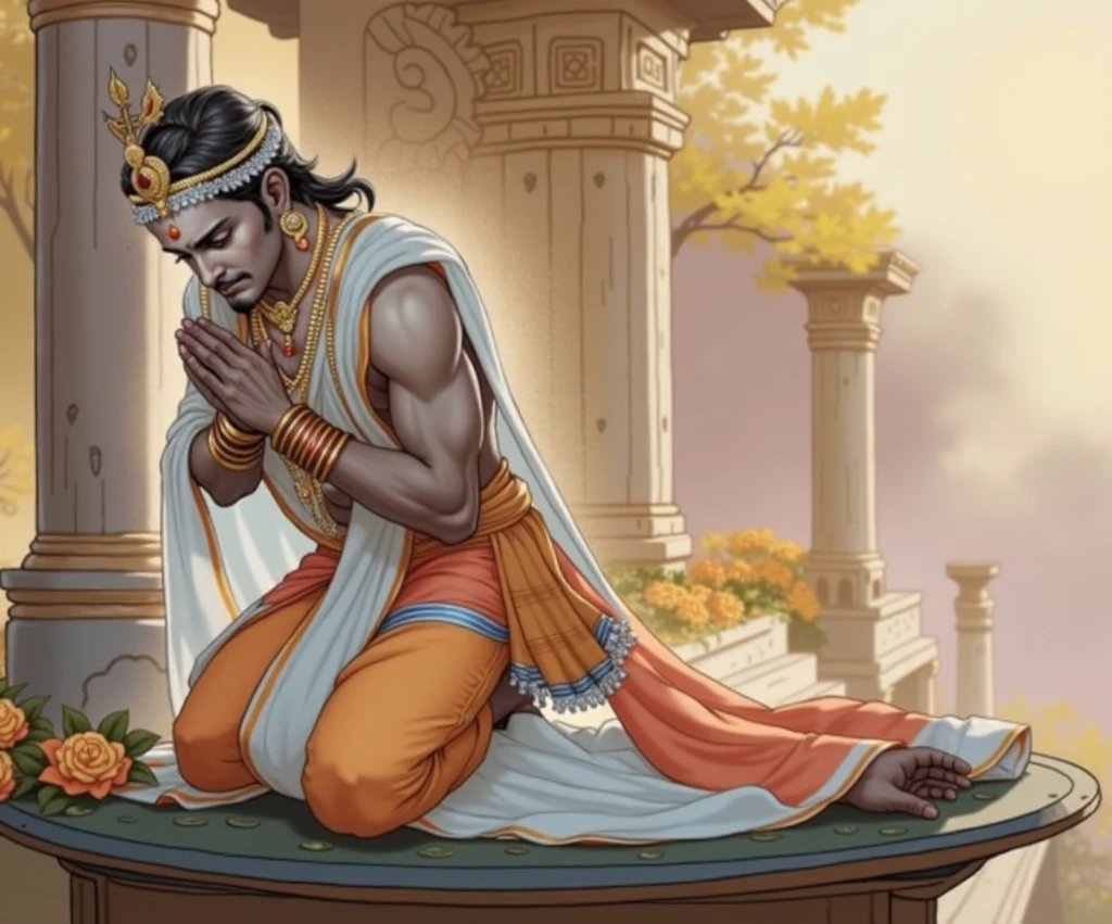 A picture of a person, kneeling on a tiled floor with a pink ball, kneeling by the shiny floor, beautiful image, From the Ramayana, an exhausted deity, Vishnu, Hindu aesthetics, Indian art, Author: T. K. Padmini, In the temple, Hindu art, Shiva, nisachar art, Hindu god, A holy man looks at the earth