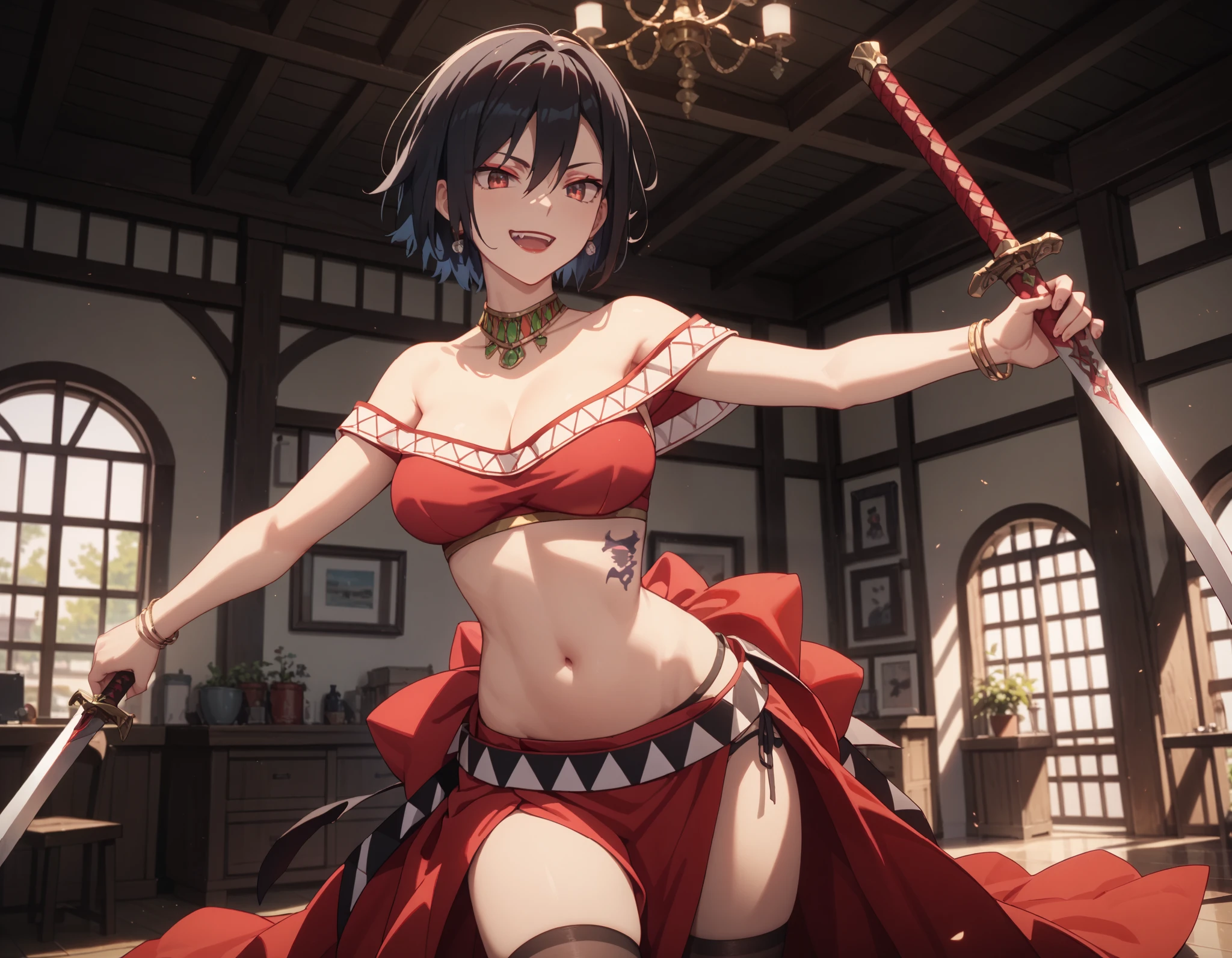 dtbshaozi, best quality, masterpiece, uncensored,1girl, solo,tsurime,black hair,stomach tattoo, midriff, short hair, large breasts, navel, earrings, cleavage, medium breasts, bracelet, red eyes, necklace, makeup,lipstick, thighhighs,  indoors,room, holding a sword, sword, dual wielding, evil smile, open mouth, smile, outstretched arms, evil expression,, tattoo on body, dragon tattoo, tattoo midriff, 