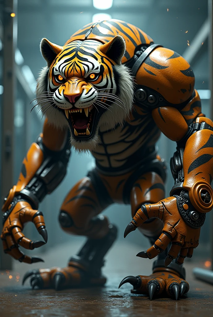 （Robot Tiger), Solitary,, Detailed fur texture, (Cyberpunk), (Wearing Hanfu), ,Feet are claws wearing sandals,Metal body，Wires and cables that connect the header and body，Mechanical limbs，Trunk wires and cables，Mechanical plug,Wire inserted into the belly, dawn, shadow, Bright environment, (Chest gemstones), , (Kantanagarmouli)), (Bottom view), Looks excited, [Simple background], Detailed eyes, Masterpiece Artwork, Caustic lines, Rim Light, Single light source, 清晰的shadow, Finger claws, (Digital Grade, Claws), (Hanfu),Sitting in the warehouse with my feet up，Soles facing the screen