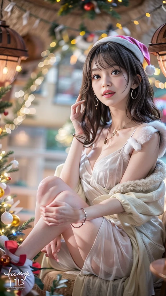 (32K:1.7, Photographically:1.6,  top quality:1.6, masterpiece,  super high resolution ),  Christmas Night:1.3,  professional camera work:1.3,  cinematic lighting:1.3, 非常に detailed肌と顔の質感:1.3, Always accurate,  detailed, ((22 years old, Small face,  so cute, Unbelievably slender:0.5, Fluffy Santa costume:1.4, Santa hat:1.0,  Christmas dinner:1.4,  Christmas tree, During meals:1.4, Moonlight illuminates the hut )),  white skin,  elegant , sense of cleanliness, (Big Breasts,  big eyes that exude beautiful eroticism, smile, I love you with all my heart, Open your mouth a little, lipstick, Overly sensual, Feel beautiful sensuality ), (Sexy Face, Beautiful erotic atmosphere, wet dark brown long hair ),  earrings,  necklace,  bracelet , ( romantic,  mysterious in another dimension), Object of praise,  original , dramatic, Artistic, Innovative, charm, Heartful, Gorgeous, sense of openness, Special,  exciting , Extreme, (((joy, joyの表現, 可愛さのcharm, 女性的なcharm)))