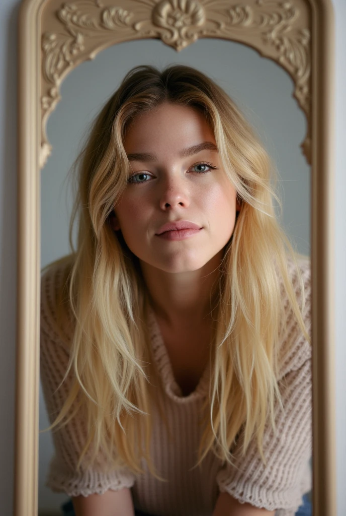 Milly alcock, blonde hair,mirror selfie 