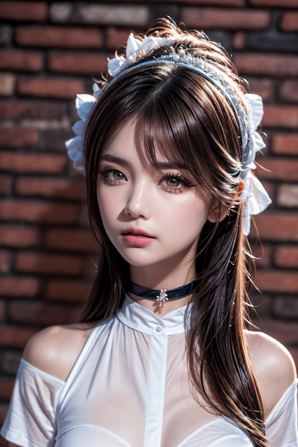 masterpiece, highest quality, masterpiece, Ultra high definition, The ultimate quality, The ultimate art, Highly detailed face, whole body, Very realistic, cute, Young girl, Big eyes, Long eyelashes, Multicolored Hair, Variegated eyes, Shiny skin, Fuller lips, Big Lips, Shiny skin, Blushing, Nice views, In space, Starry sky background, performer, Dazzling Light, Versatile light, Maid clothes