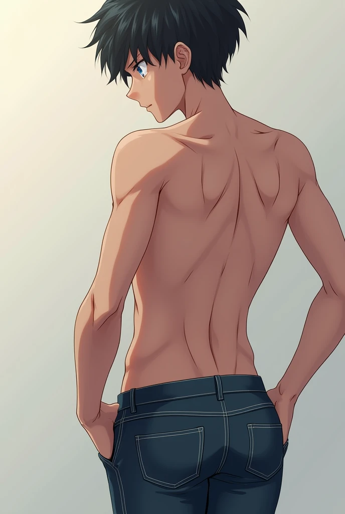 A boy with a light skin tone wearing only his underwear, a black pair of underwear, the skinny and hot anime
