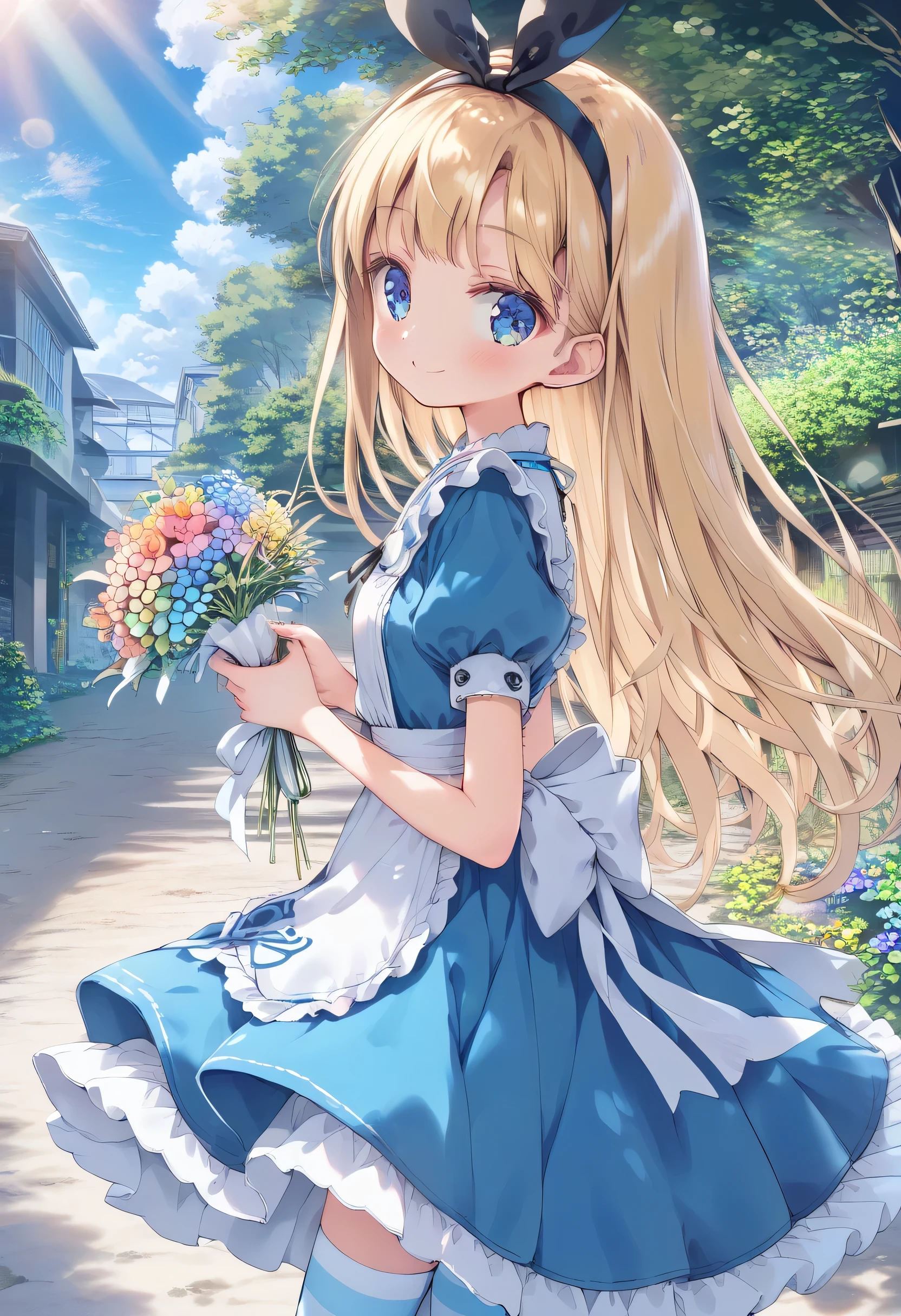 [   WAI-ANI-NSFW-PONYXL  :100],
score_9, score_8_up, score_7_up, score_6_up, score_5_up, score_4_up, masterpiece, best quality, source_anime,
alone,cute 1girl,(loli:1.3),blonde hair,straight long hair,blunt bangs,Black ribbon hairband,blue eyes,blush, smile,( Alice in Wonderland costume ), black and white striped stockings,pastel hues,walking in the seaside path,blurred edges,nostalgic mood,(dappled sunlight:1.2),blurry,(depth of field:1.1),Delicate rural landscape ,blue sky,arched back、 beautiful flower field on one side 、Look down and smile、 lift skirt after 、(beautiful detailed eyes), model pose,(Holding a bouquet)