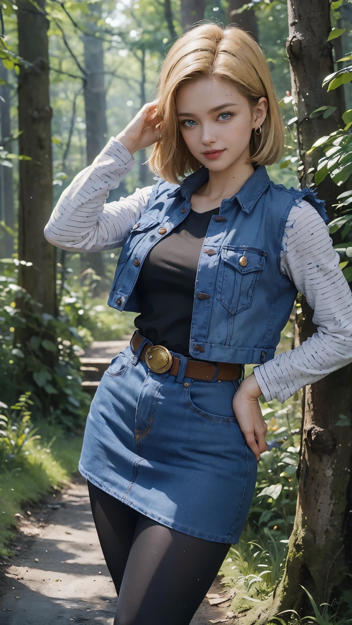 Android 18 da dragon ball,(best qualityer,4K,8k,high resolution,work of art:1.2)(weather: raining), Mondstadt forest background, forest road, black top, striped sleeves, cropped open denim vest, belt, tight denim mini skirt, black pantyhose, brown boots, loop earrings, cheek mole, short straight hair, short blonde hair, ultra detailed, realistic, portrait,beautiful detailed sapphire blue eyes, glowing eyes,blush,beautiful detailed lips,extremely detailed eye and face, long eyelashes,sexy,average, large breasts,beaming smile, flirty smile, powerful girl, sexy pose, stunning curves, bright coloured, dramatic lighting, forest ruins, wet clothes,