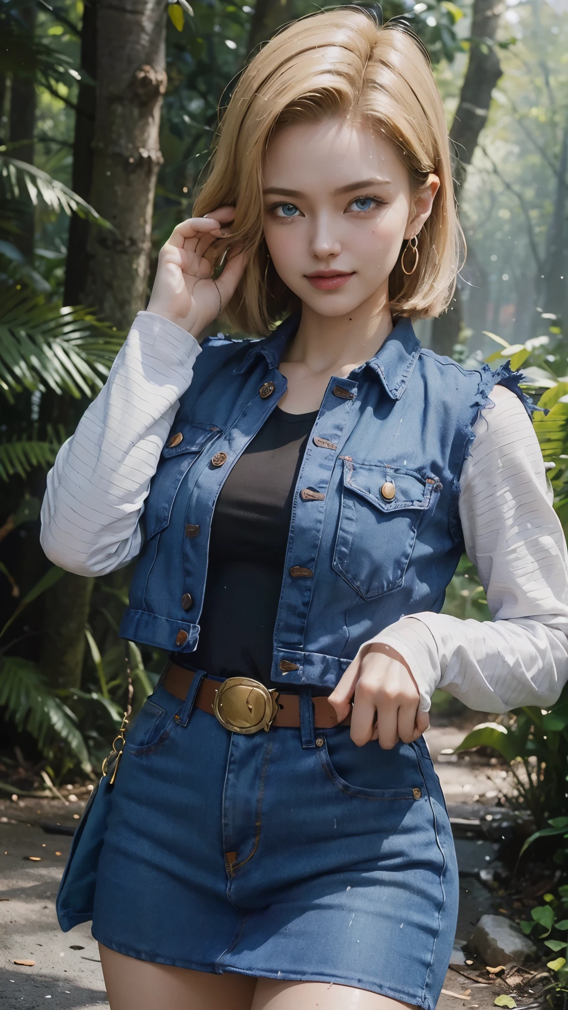 Android 18 da dragon ball,(best qualityer,4K,8k,high resolution,work of art:1.2)(weather: raining), Mondstadt forest background, forest road, black top, striped sleeves, cropped open denim vest, belt, tight denim mini skirt, black pantyhose, brown boots, loop earrings, cheek mole, short straight hair, short blonde hair, ultra detailed, realistic, portrait,beautiful detailed sapphire blue eyes, glowing eyes,blush,beautiful detailed lips,extremely detailed eye and face, long eyelashes,sexy,average, large breasts,beaming smile, flirty smile, powerful girl, sexy pose, stunning curves, bright coloured, dramatic lighting, forest ruins, wet clothes,