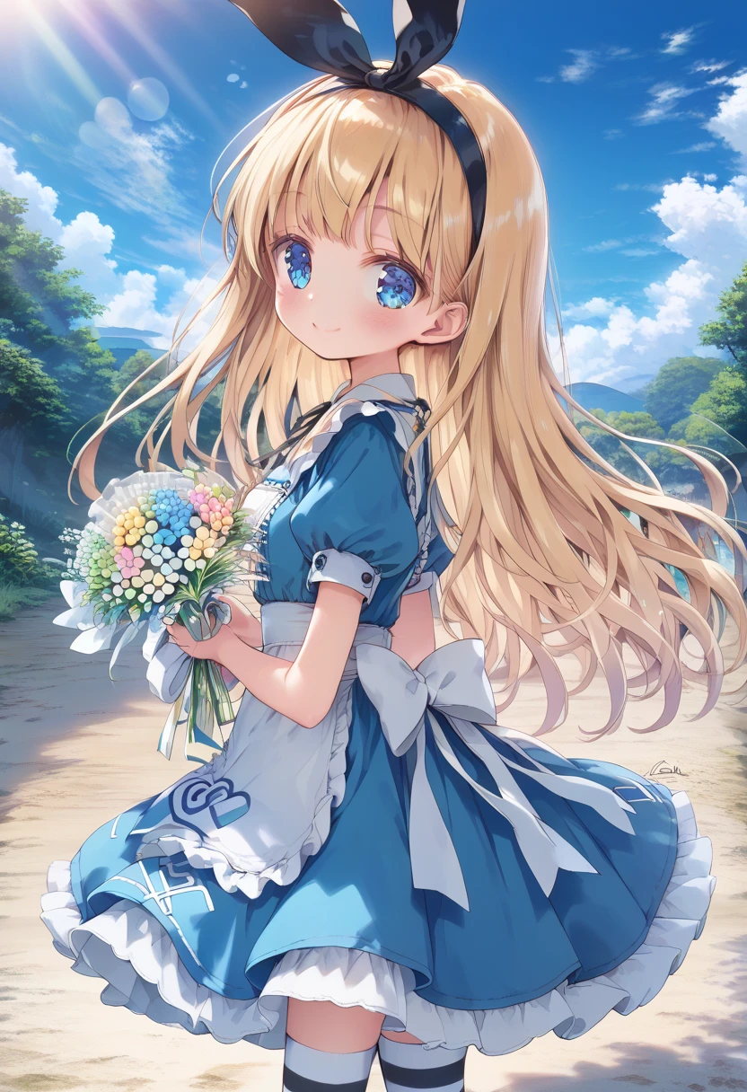 [   WAI-ANI-NSFW-PONYXL  :100],
score_9, score_8_up, score_7_up, score_6_up, score_5_up, score_4_up, masterpiece, best quality, source_anime,
alone,cute 1girl,(loli:1.3),blonde hair,straight long hair,blunt bangs,Black ribbon hairband,blue eyes,blush, smile,( Alice in Wonderland costume ), black and white striped stockings,pastel hues,walking in the seaside path,blurred edges,nostalgic mood,(dappled sunlight:1.2),blurry,(depth of field:1.1),Delicate rural landscape ,blue sky,arched back、 beautiful flower field on one side 、Look down and smile、 lift skirt after 、(beautiful detailed eyes), model pose,(Holding a bouquet)