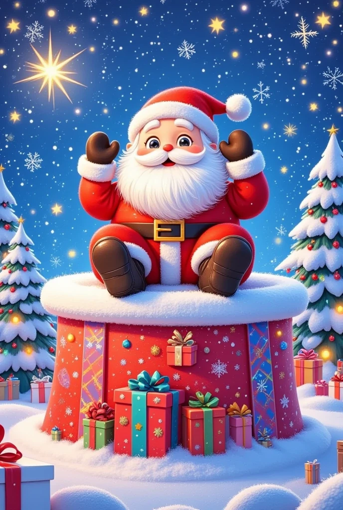 A Christmas movie poster ， Santa sitting on a present, [Christmas Eve, LED，flash，Starlight