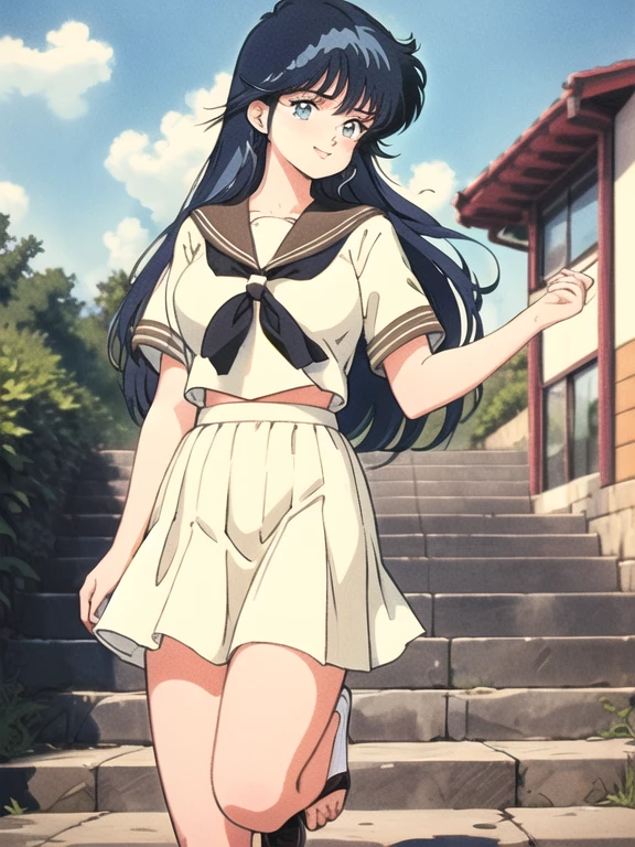 (masterpiece, high quality:1.2:), (Vivid colors:1.0), (Beautiful, detailed eyes),Brown, Short sleeve,, From below, //// (Anime Style, Retro art style, Clean brush strokes, Very detailed, Perfect Anatomy, Browsing Caution), 1 girl, alone,((ayukawa madoka)), blue eyes, Blue Hair, Long Hair, Parted bangs, hair ornaments, smile, Cowboy Shot、(Huge breasts:1.6、(Sailor suit)), Narrow waist: 1.1, (mini skirt:1.7, School Uniforms), panties、(stand, Spread your legs),Looking at the audience,(null, garden, Stairs on the hill,