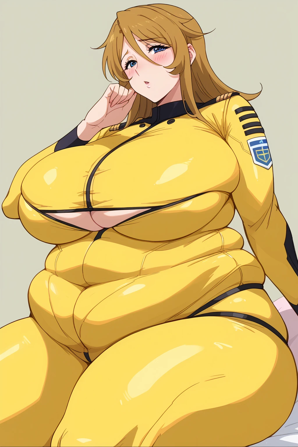 Yuki Mori,yuki mori,  yellow bodysuit、 score_9,  score_8_up、 score_7_up、 score_6_up、 score_5_up、 score_4_up、 Masterpiece、 top quality,wen/anime anime screencap,  one woman、Alone、 personal 、Super huge breasts, ((( super huge clevis, Super huge, Super huge boob))), Curvy、  chubby 、Mature Woman, obese body type,blush、Shy woman、 king bang 